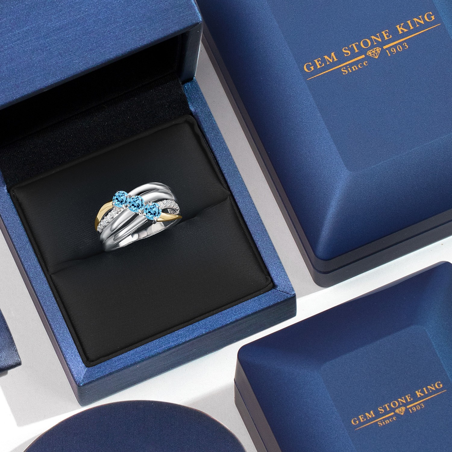 925 Silver and 10K Yellow Gold Swiss Blue Topaz and Lab Grown Diamond