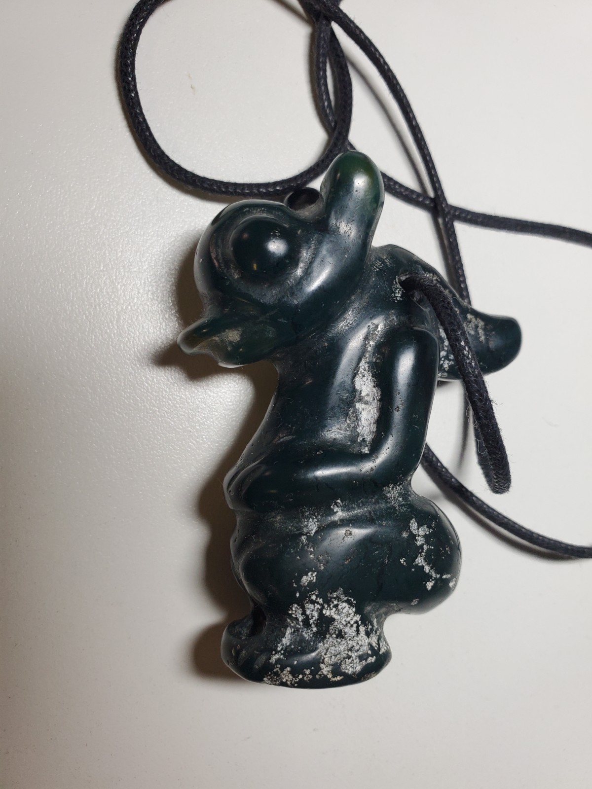 Large Dark Green Stone Winged Horns Amulet Figure Alien Necklace Strange Carving