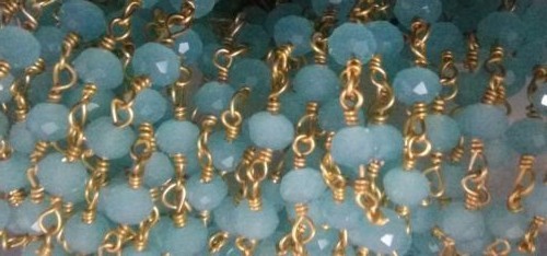 3-25 Feet Aqua Quartz Rondelle Faceted 3-4mm Beads, Rosary Chain Gold Wire