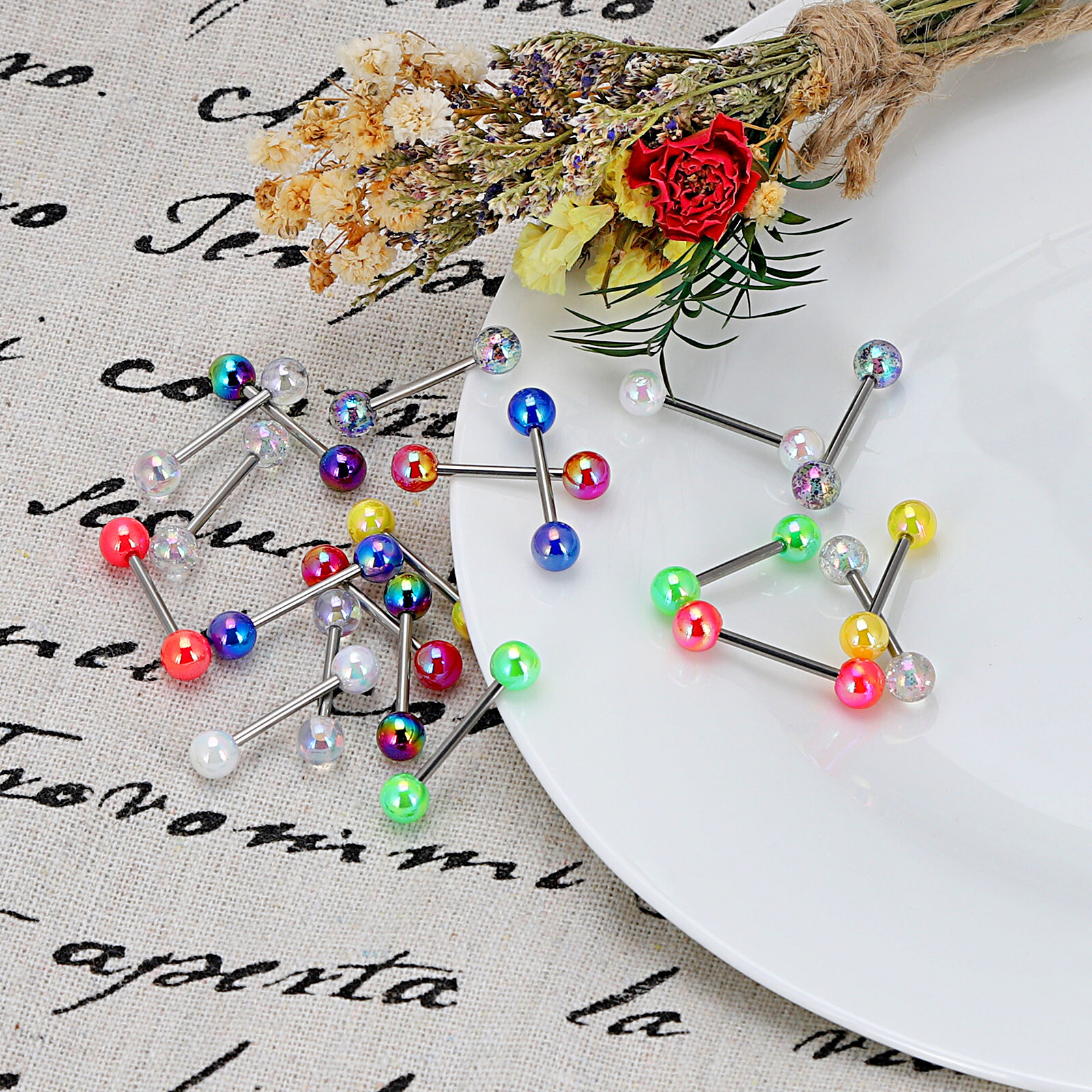 2pcs Colorful Ball Tongue Rings 316L Stainless Steel Barbell Nipple Ring 14G Bar