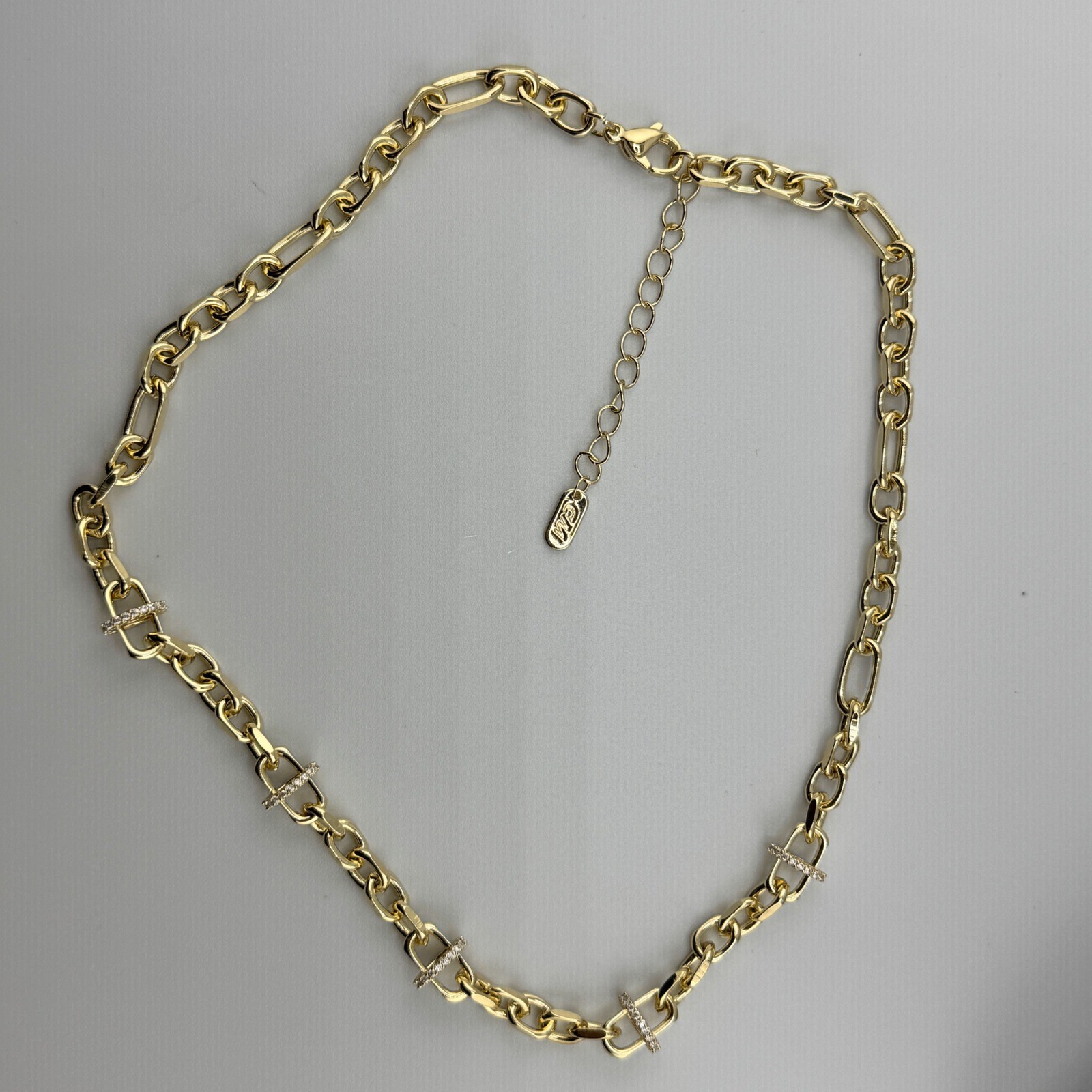 Gold Tone Pavé Crystal Bar Link Chain Necklace Adjustable Paperclip Style