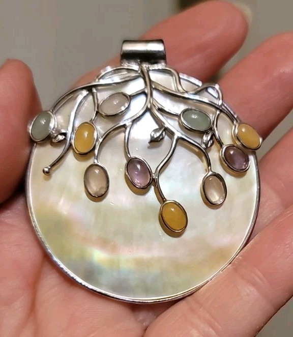 925 Sterling Silver Tree of Life Mother of Pearl Multi Gemstone Cabochon Pendant