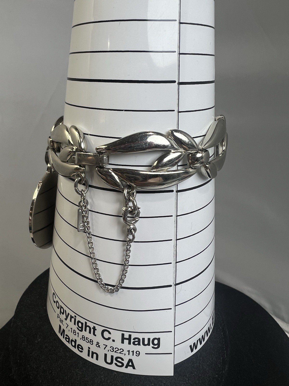 Vintage Monet Silver Tone Large Initial E Charm Leaf Bracelet with Safety Chain