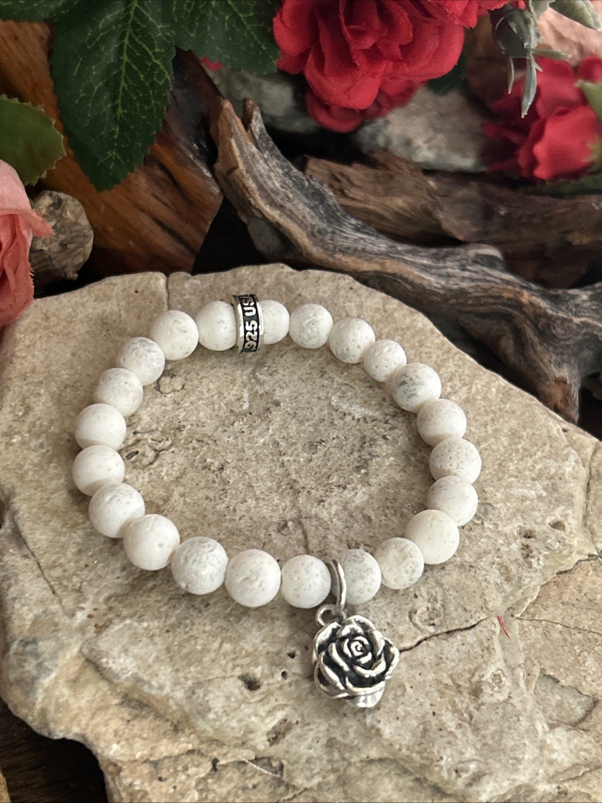 57. King Baby Studio 925 Rose Charm White Coral Stretch Bracelet 6.25+”, 25.5g