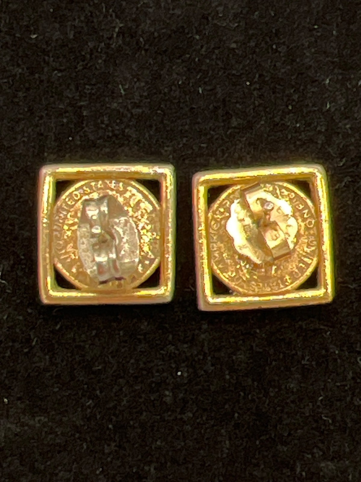 Vintage Mercury Dime Square Bezel Stud Earrings In Silver & Gold