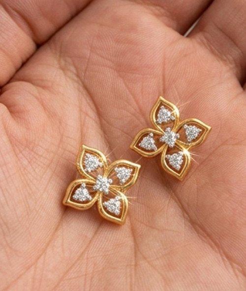 Simulated Diamond Quatrefoil Flower Cluster Stud Earrings 14K Yellow Gold Plated