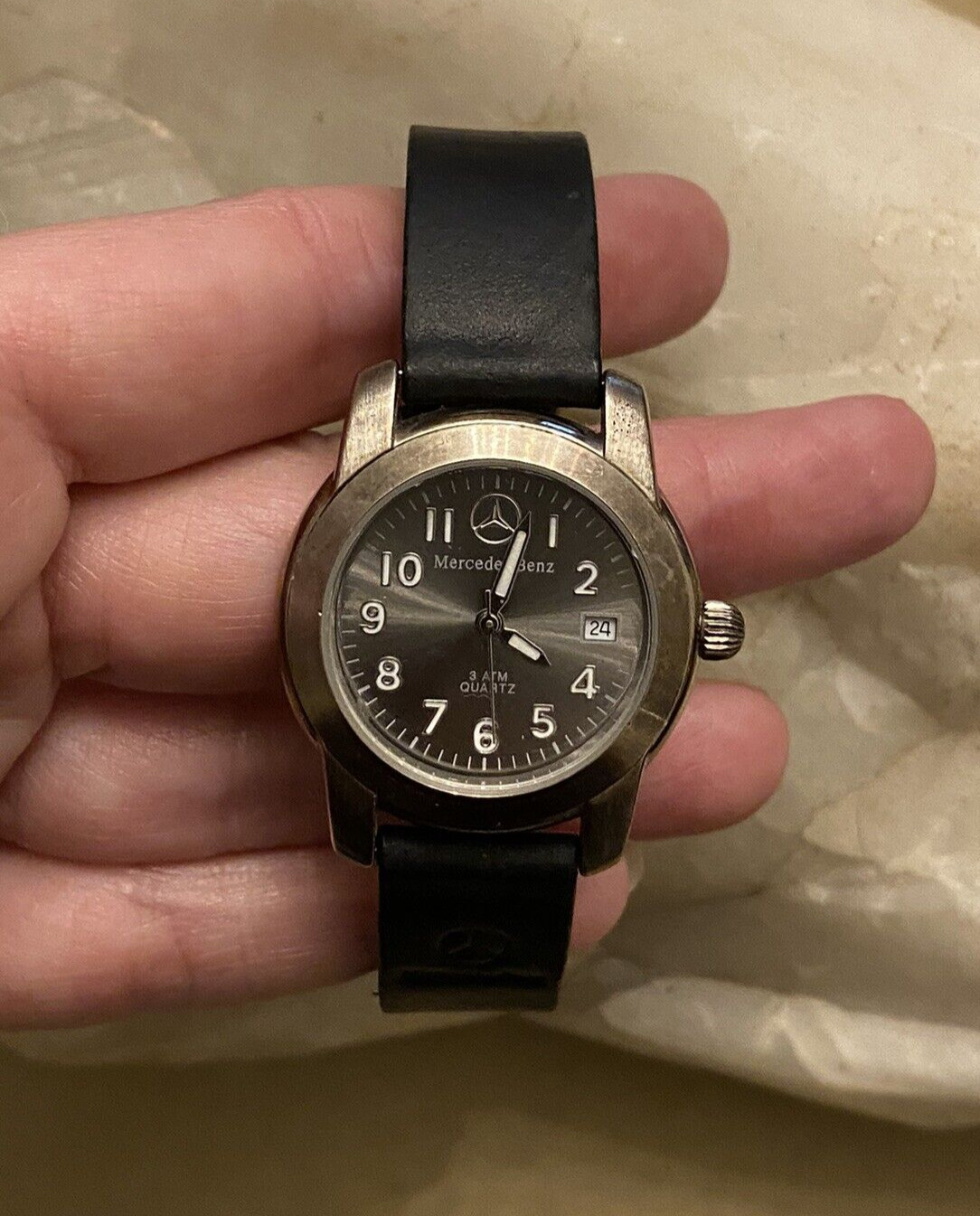 Women’s Classic Silver/Gray/Black Mercedes Benz-Water Resist-Quartz Watch.