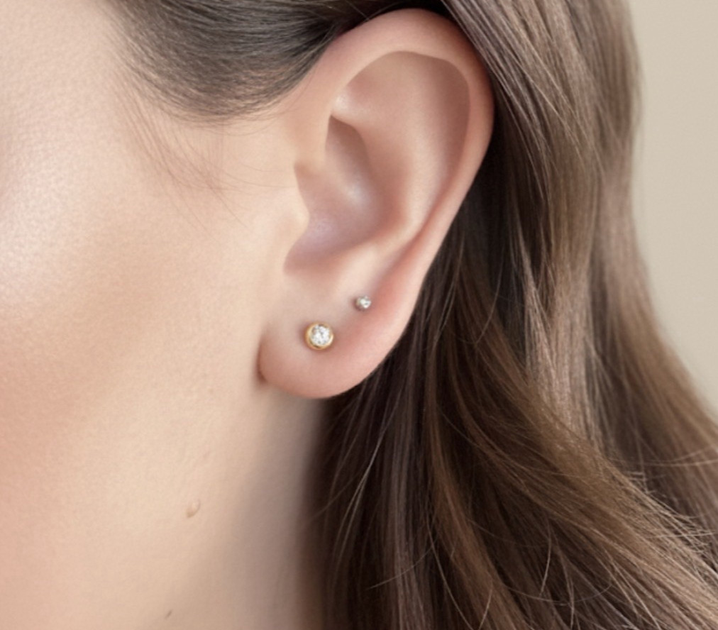 18K Solid Gold Bezel DONUT Diamond Stud Earrings 0.02ct Natural Dainty Gift