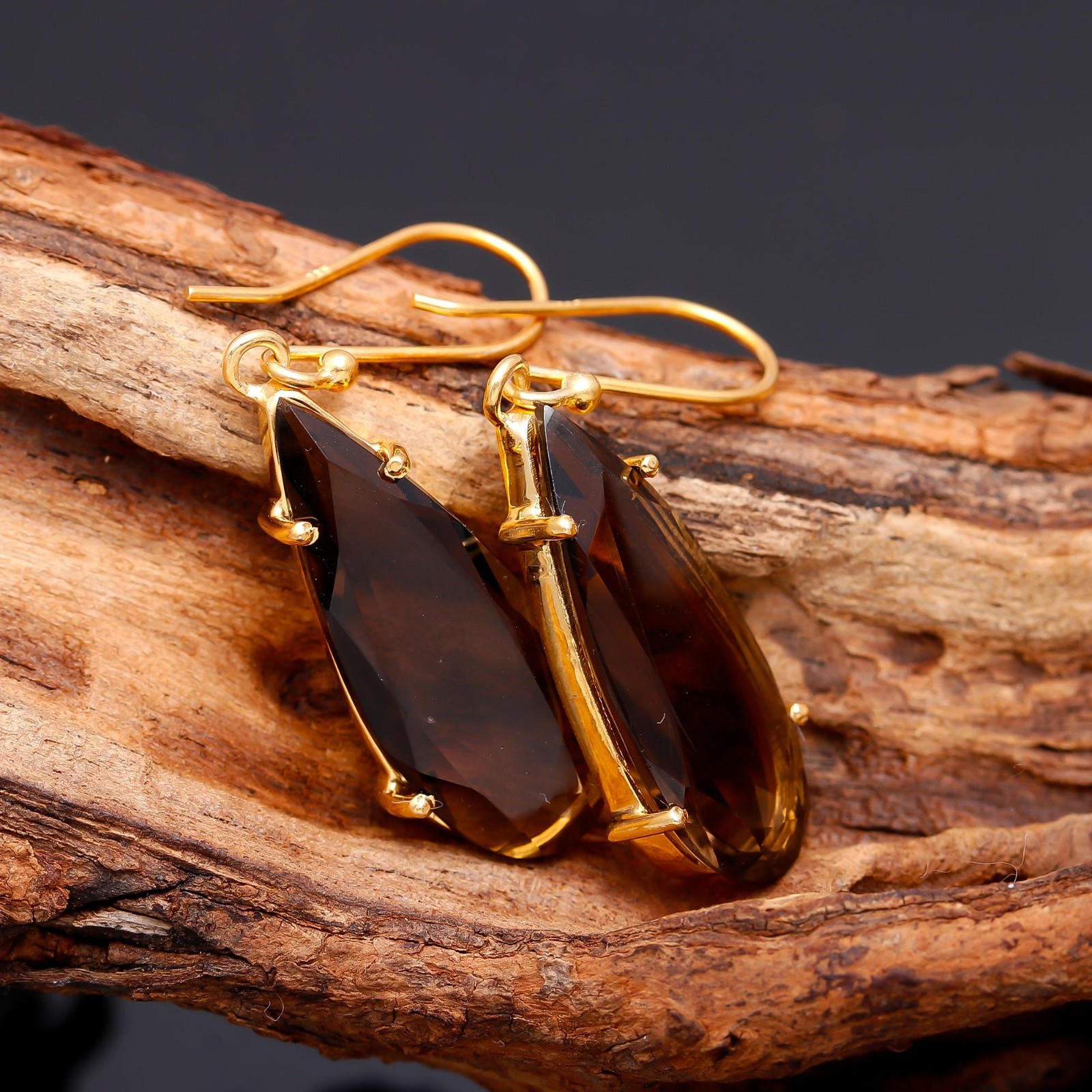 Natural Smoky Quartz Pear Dangle Earrings Gold Fill 925 Sterling Silver Jewelry