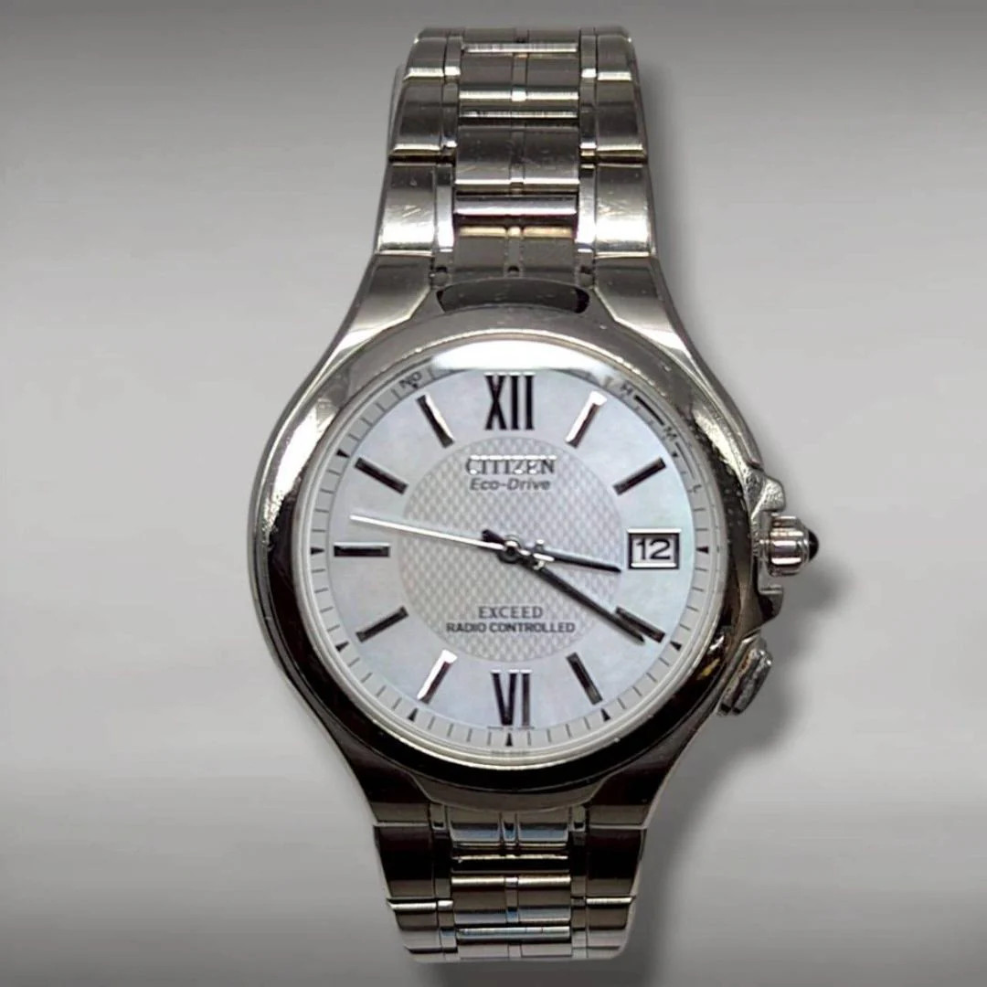 CITIZEN EXCEED H410-T003818 Mens Eco-Drive Radio SS Silver MOP Watch