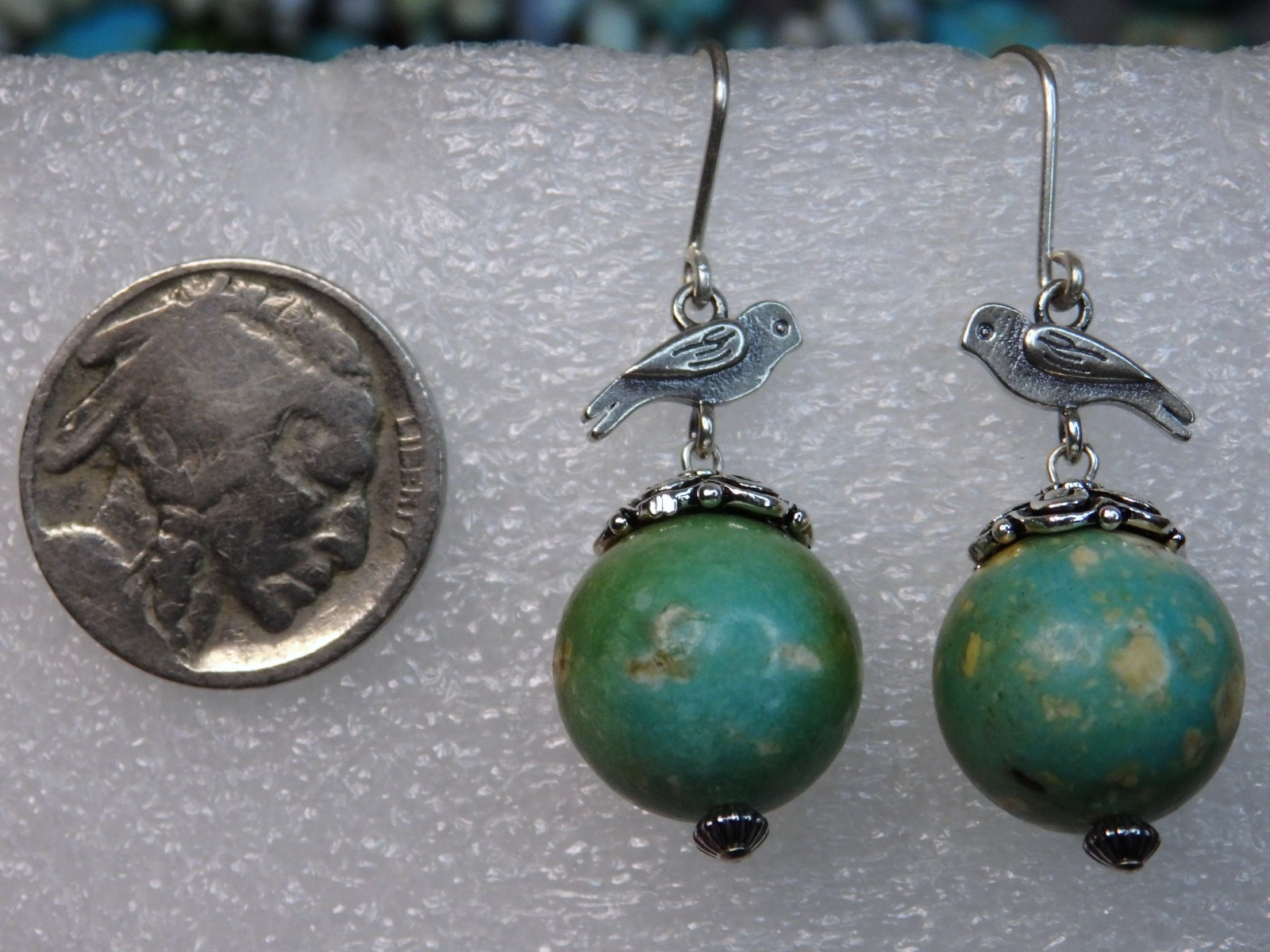 ROYSTON Polychrome TURQUOISE Sterling Silver 1&5/8″Long 2 Sided BIRD Earrings