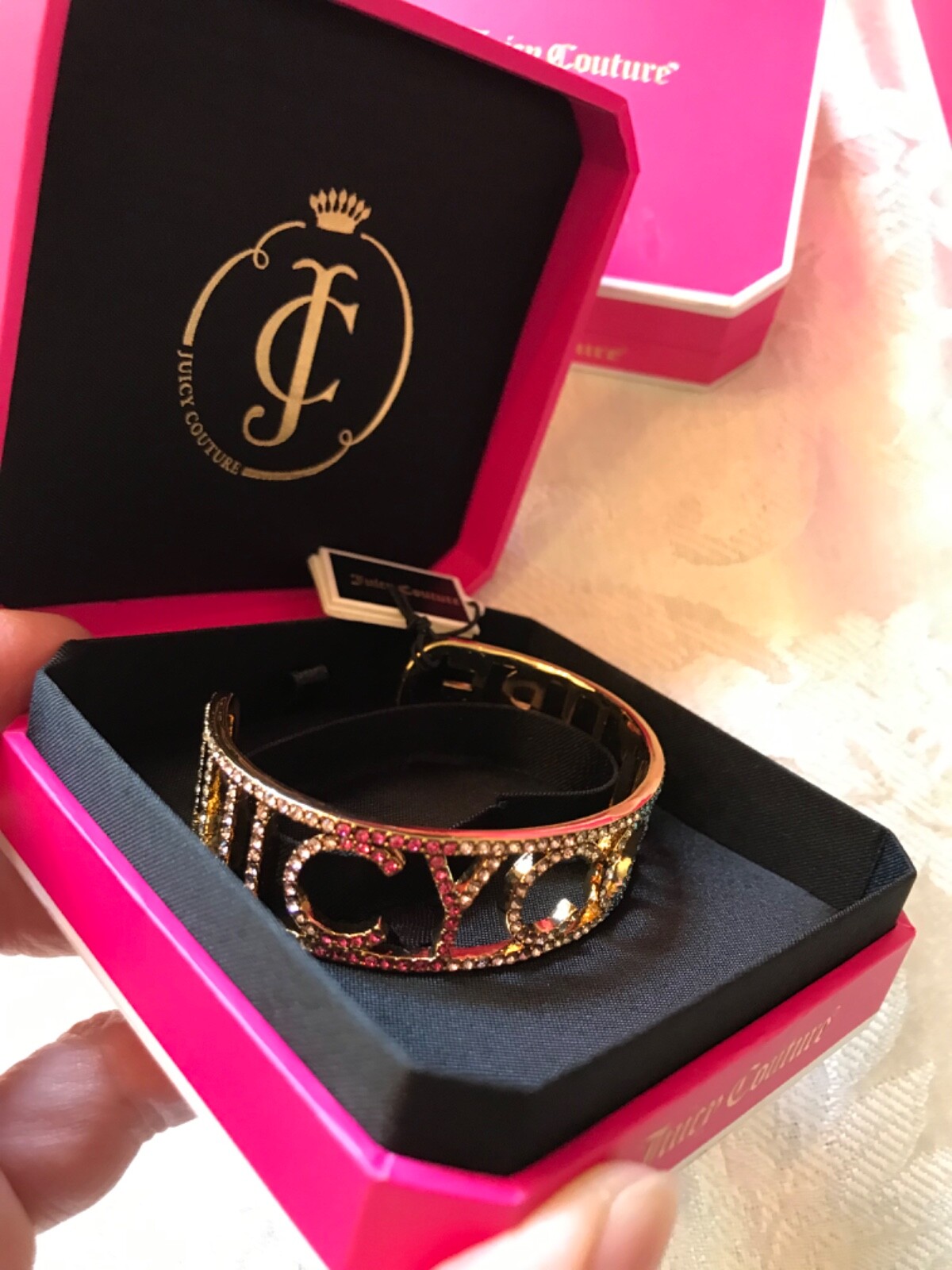 Y2K Iconic Juicy Couture Crystal Rainbow Bangle gold statement bracelet WJW688