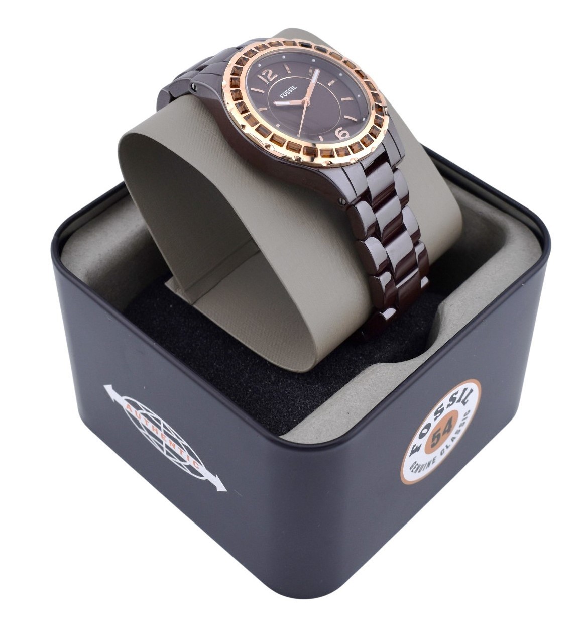 FOSSIL 38mm Baby Riley Ladies Brown Ceramic Glitz Dial Watch CE1070 $225.00