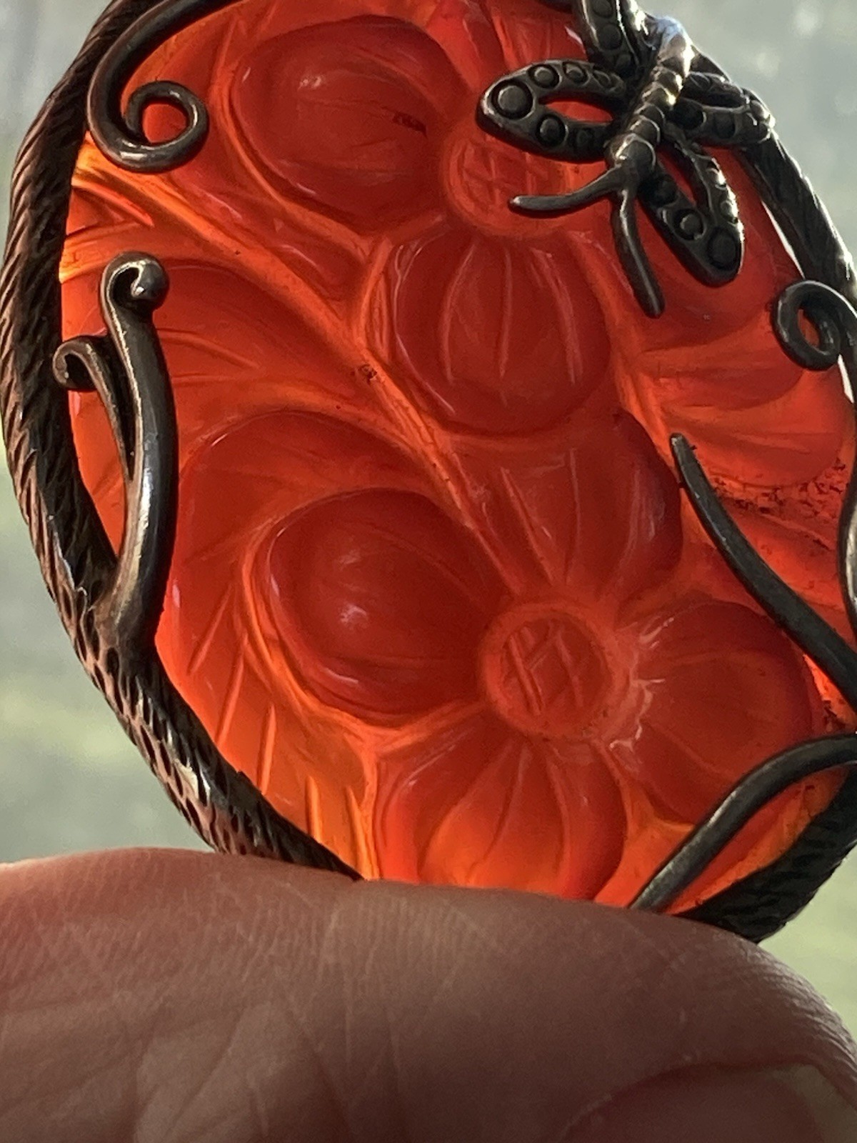 Carnelian Agate Butterfly Flower Big PENDANT Sterling Silver 925 Red Necklace