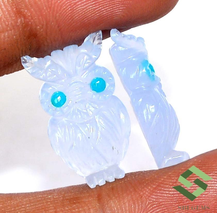 24×14 mm Natural Chalcedony Owl Shape Handmade Carving Pair 27.75 CTS Gemstones