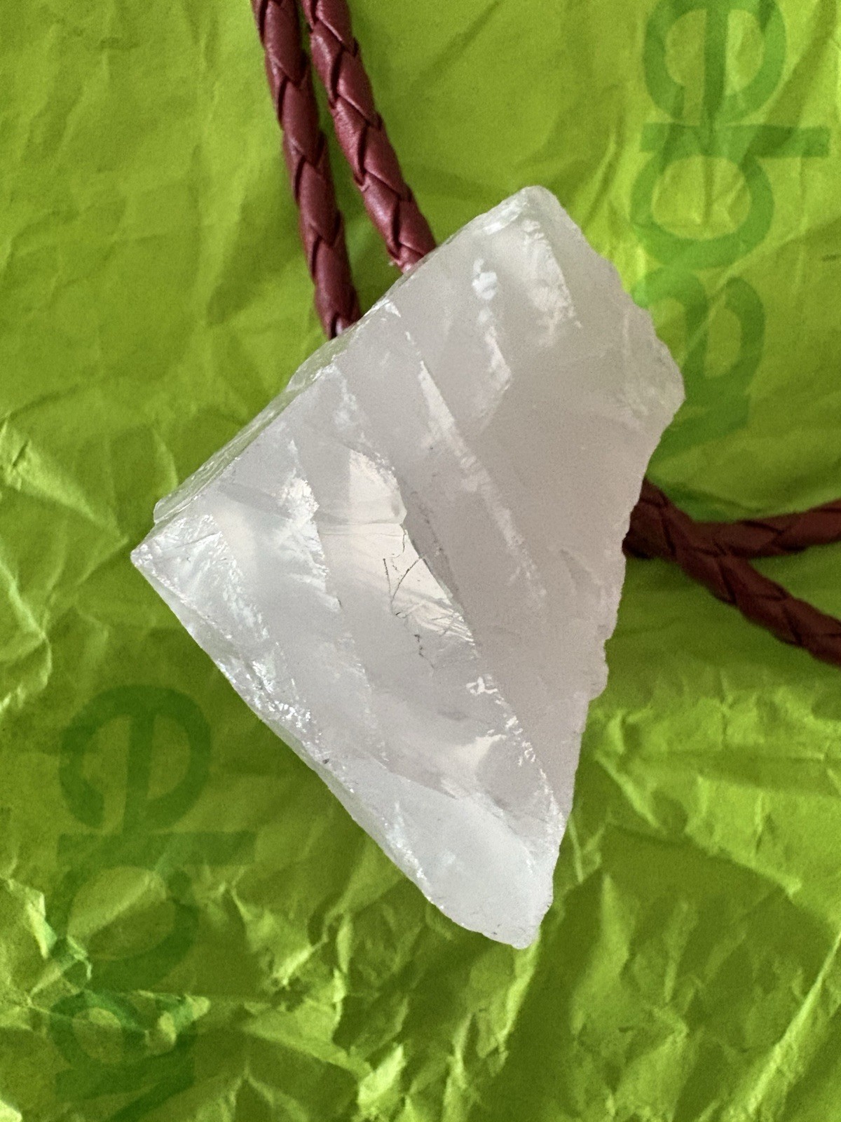 White Quartz Charm Pendant Necklace Brown Leather Cord Chain Hook Closure