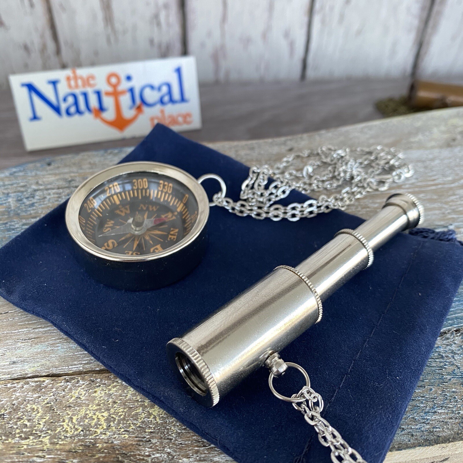 Brass Telescope & Compass Gift Set w/ Velvet Bag / Optional 27″ Chains -Necklace