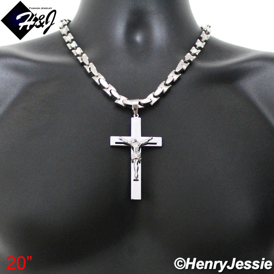 18″-40″MEN Stainless Steel 8mm Silver Interlock Chain Necklace Cross Pendant*BJ1