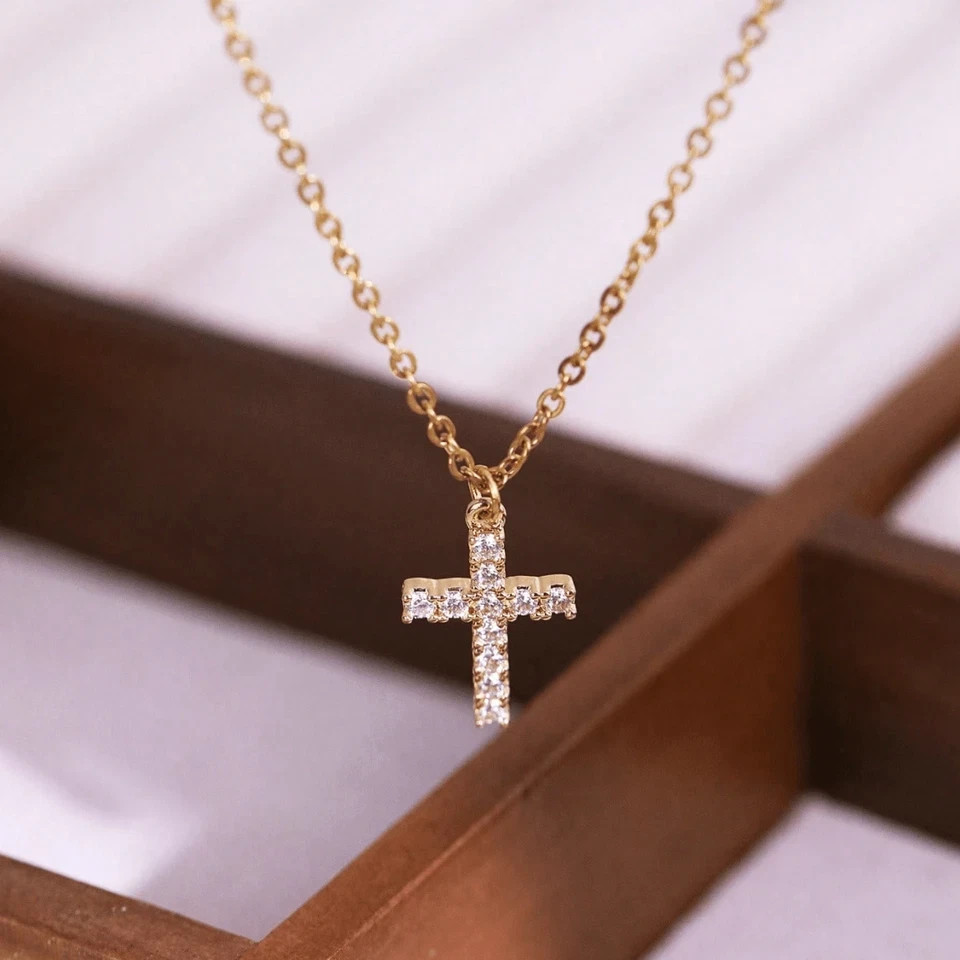 14K Rose Gold Plated 1.00Ct Lab Created Diamond Mini Cross Pendant Necklace 18”
