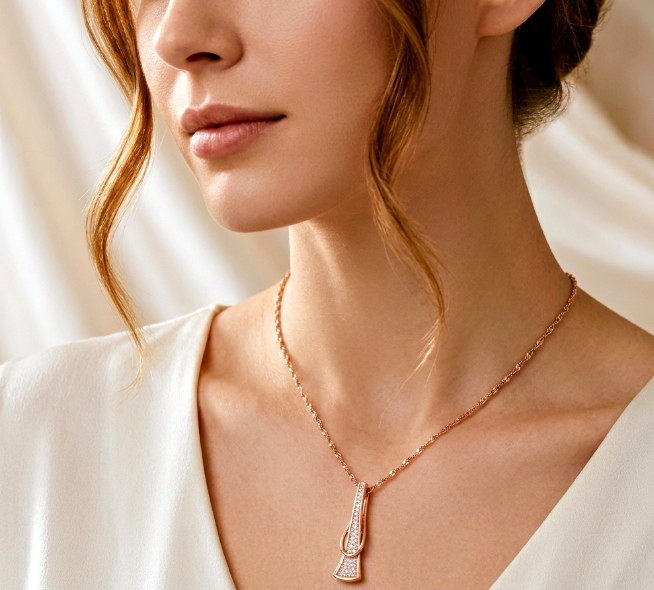 Champagne Gold Rose Gold Plated Rope Chain Teardrop CZ Pendant Necklace