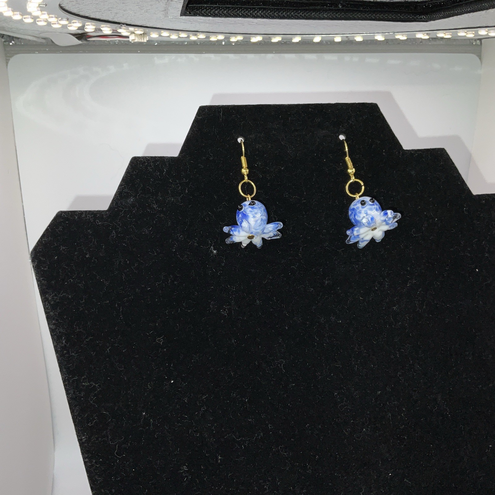 Blue & White Octopus Glass Earrings W/ Backs. Homemade 14k Extra Plated Gold New