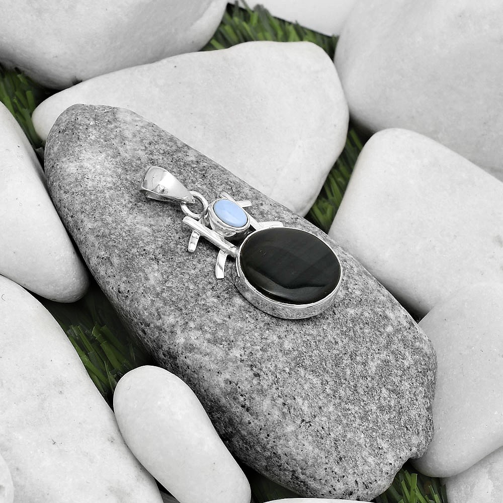 Black Lace Obsidian & Owyhee Opal 925 Sterling Silver Pendant Jewelry P-1046