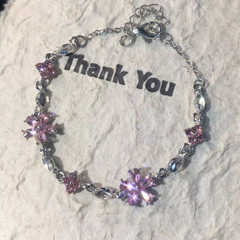 Zinc Alloy Rhinestone Cherry Blossom Pink Flower Bracelet for Women Girls Gift