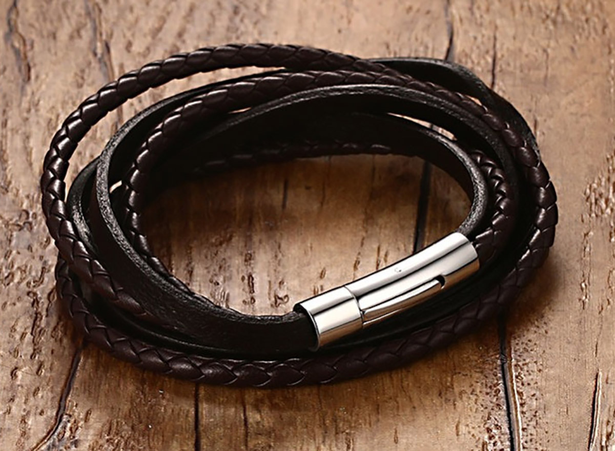 {Unisex Brown Braided Leather Wrap Bracelet Stainless Steel Clasp 55cm NEW