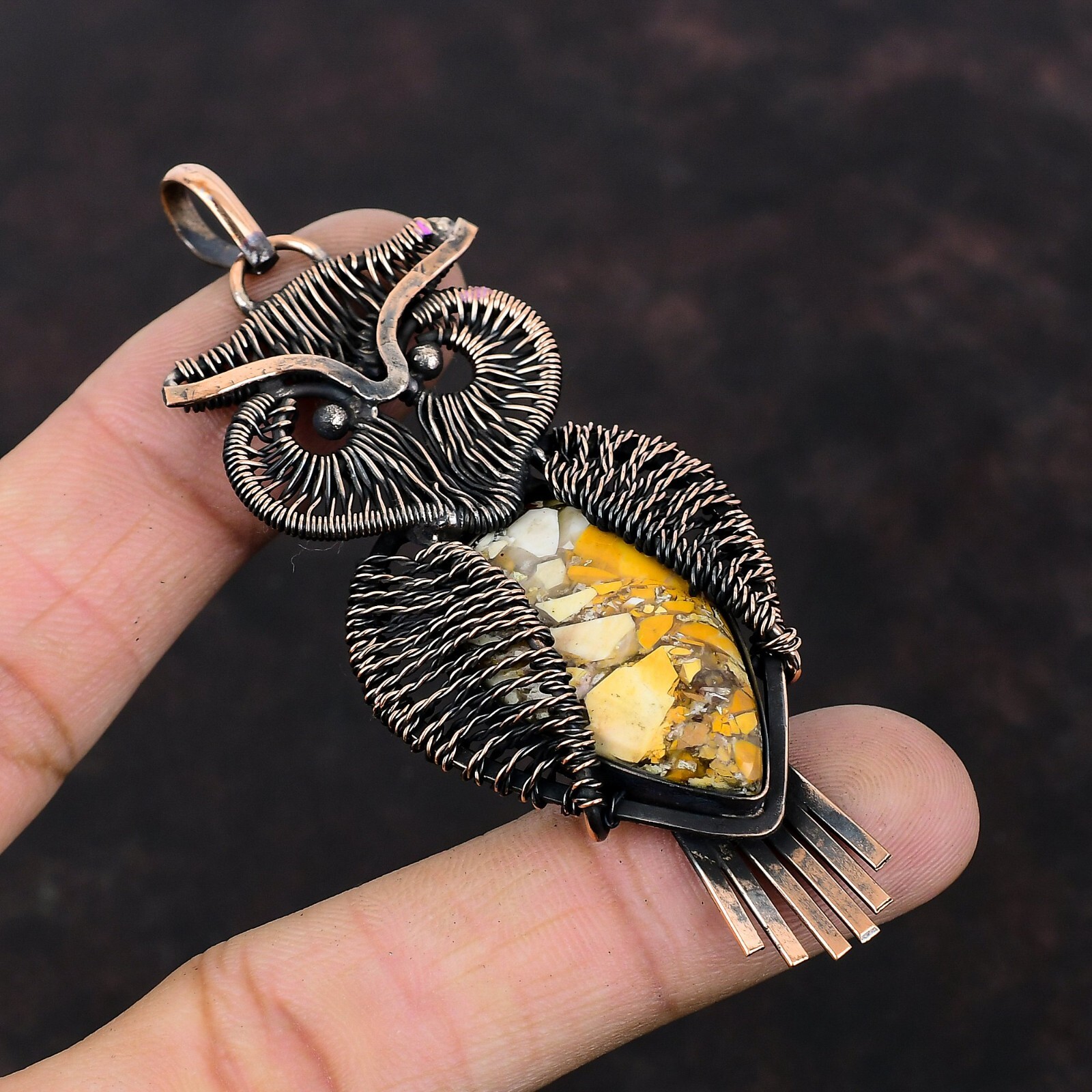 Brecciated Mookaite Jewelry Copper Mother Gift Wire Wrapped Owl Pendant 3.27″