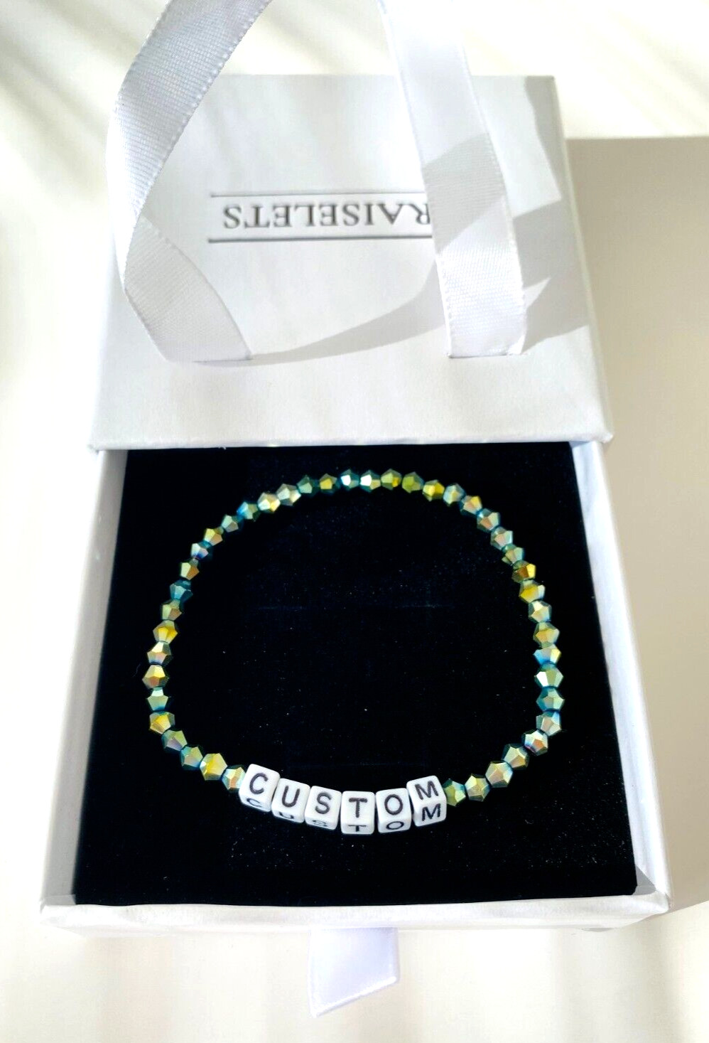 Custom Name Bracelet 4mm Multicolor Green Beads White Letters Word Jewelry Gift