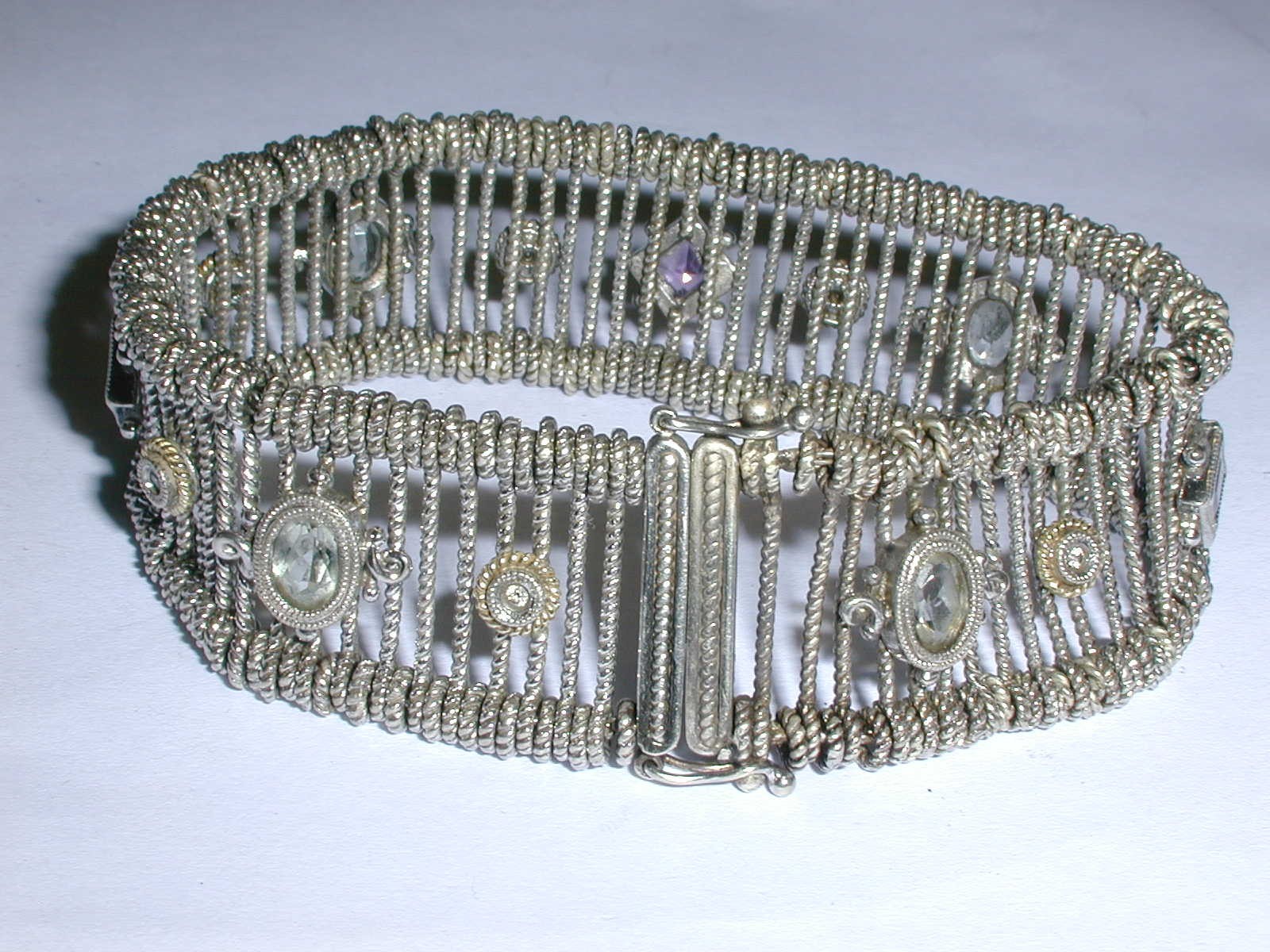 AMAZING- GABRIEL & CO STERLING 18K GOLD DIAMOND AMETHYST AQUAMARINE BRACELET-7.5