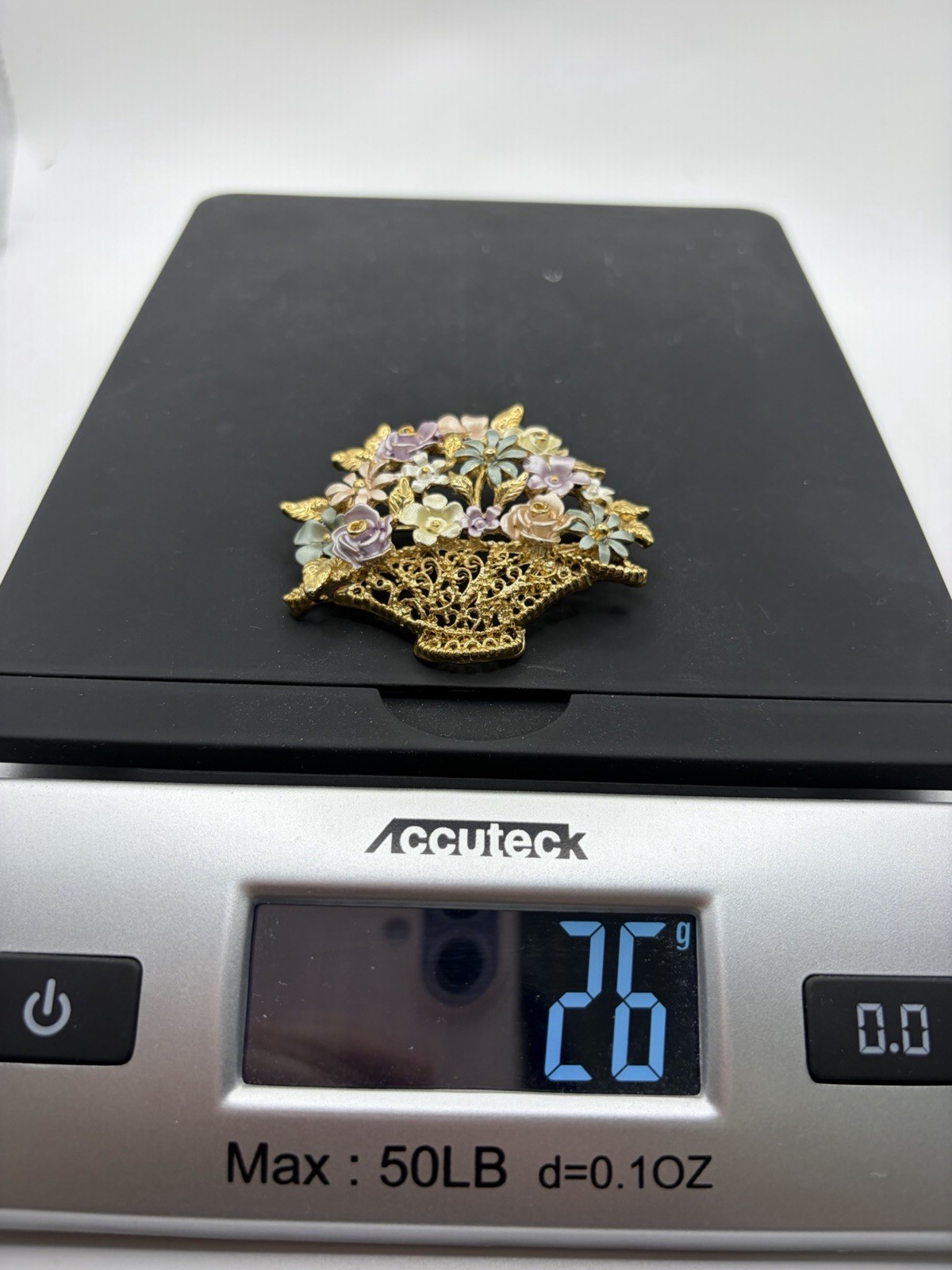 Vintage Gold Tone Filigree Flower Basket Brooch Pastel Enamel Spring Floral Pin