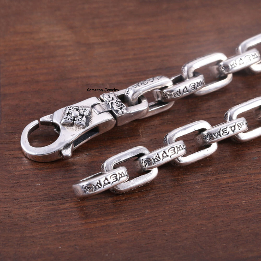 Solid S925 Sterling Silver Bracelet 8mm Six Words Cable O Link Chain 7.1-8.7in