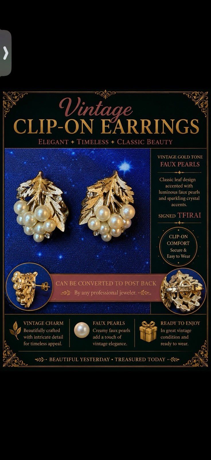Trifari Vintage Signed Clip-On Leaf Earrings Gold Tone Sim Pearl Crystal