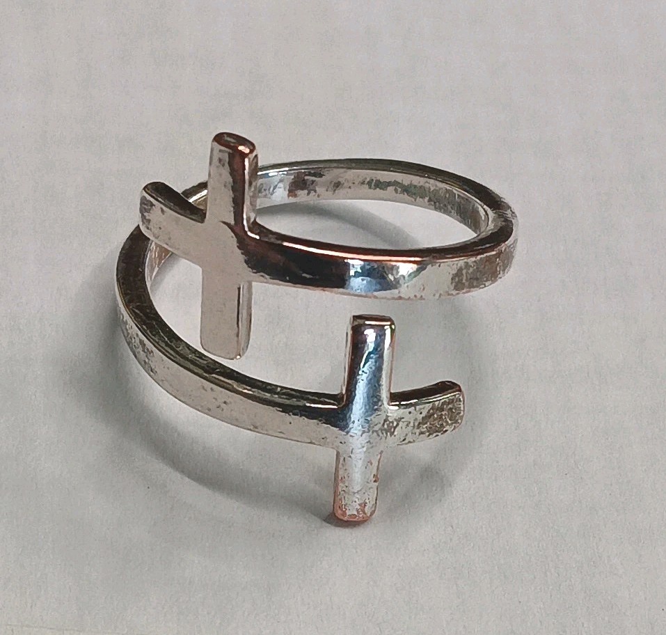 Pillar of Faith Double Cross Silver Tone Adj Band Ring Size 7 “My Saint My Hero”