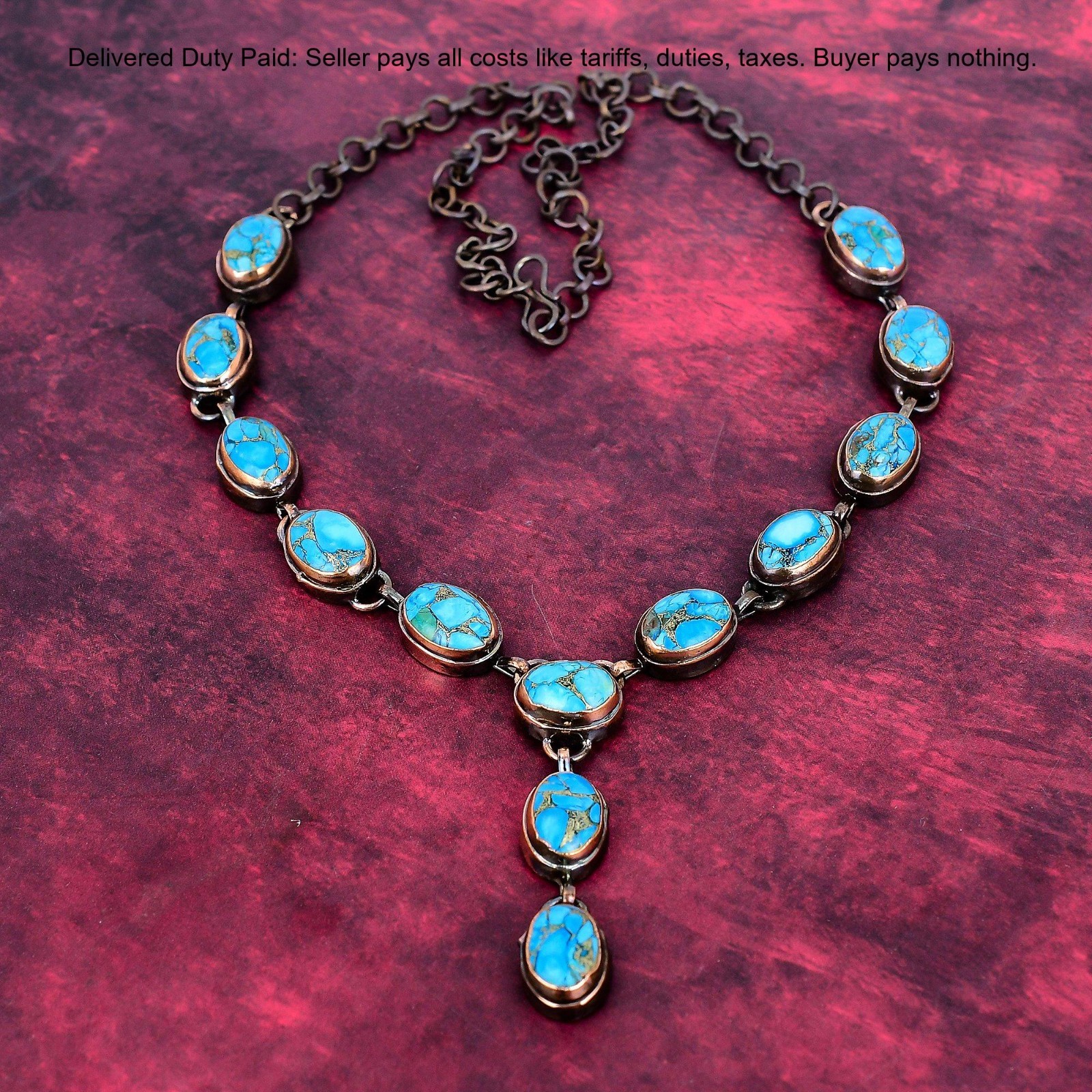 Copper Blue Turquoise Necklace Electroformed Copper Jewelry Adjustable Necklace