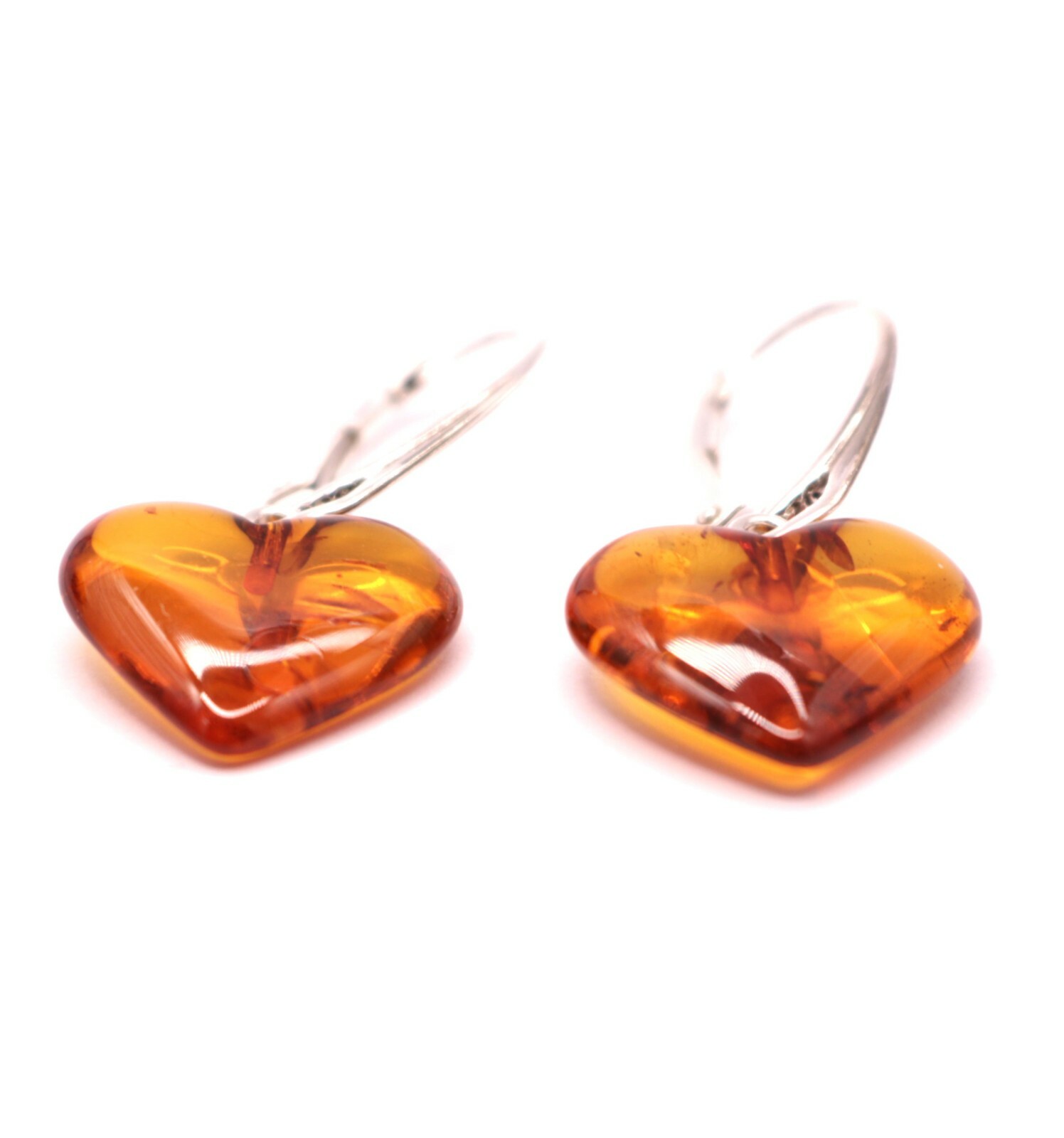 Heart Shape Baltic Amber Dangle Earrings Cognac Color Sterling Silver 925