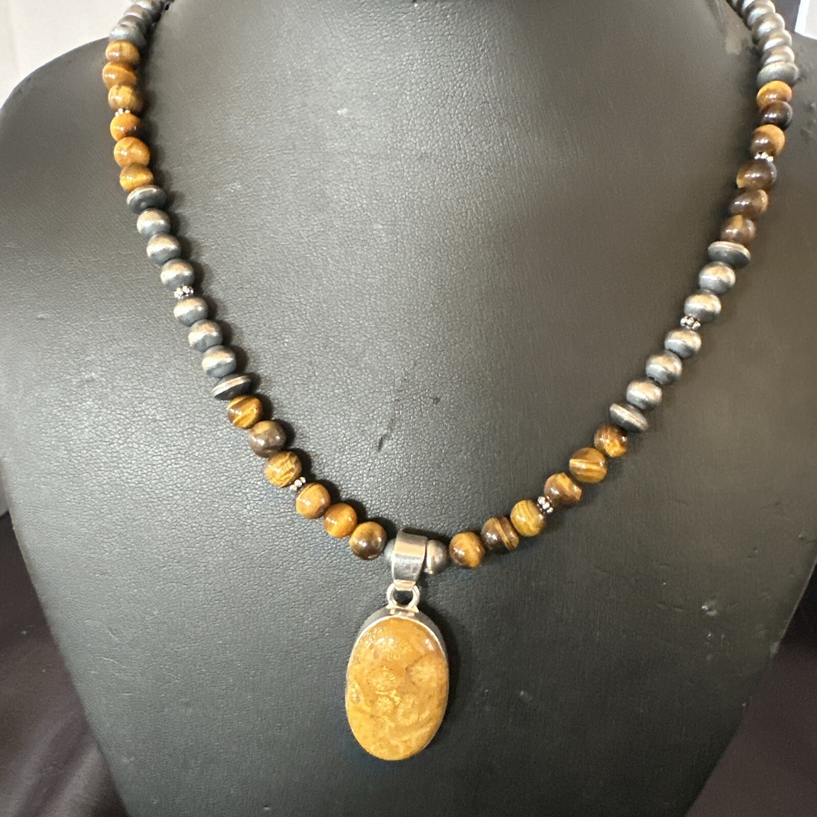 Coffee Brown Tigers Eye Sterling Silver Pendant Necklace Southwestern 18281