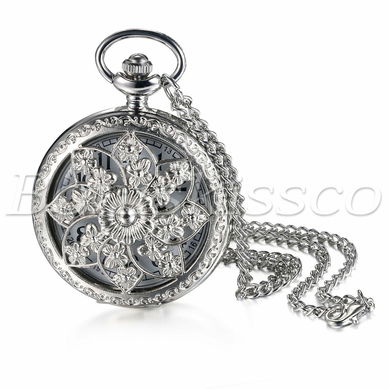 Antique Retro Camellia Carved Quartz Pocket Watch Pendant Necklace Sweater Chain