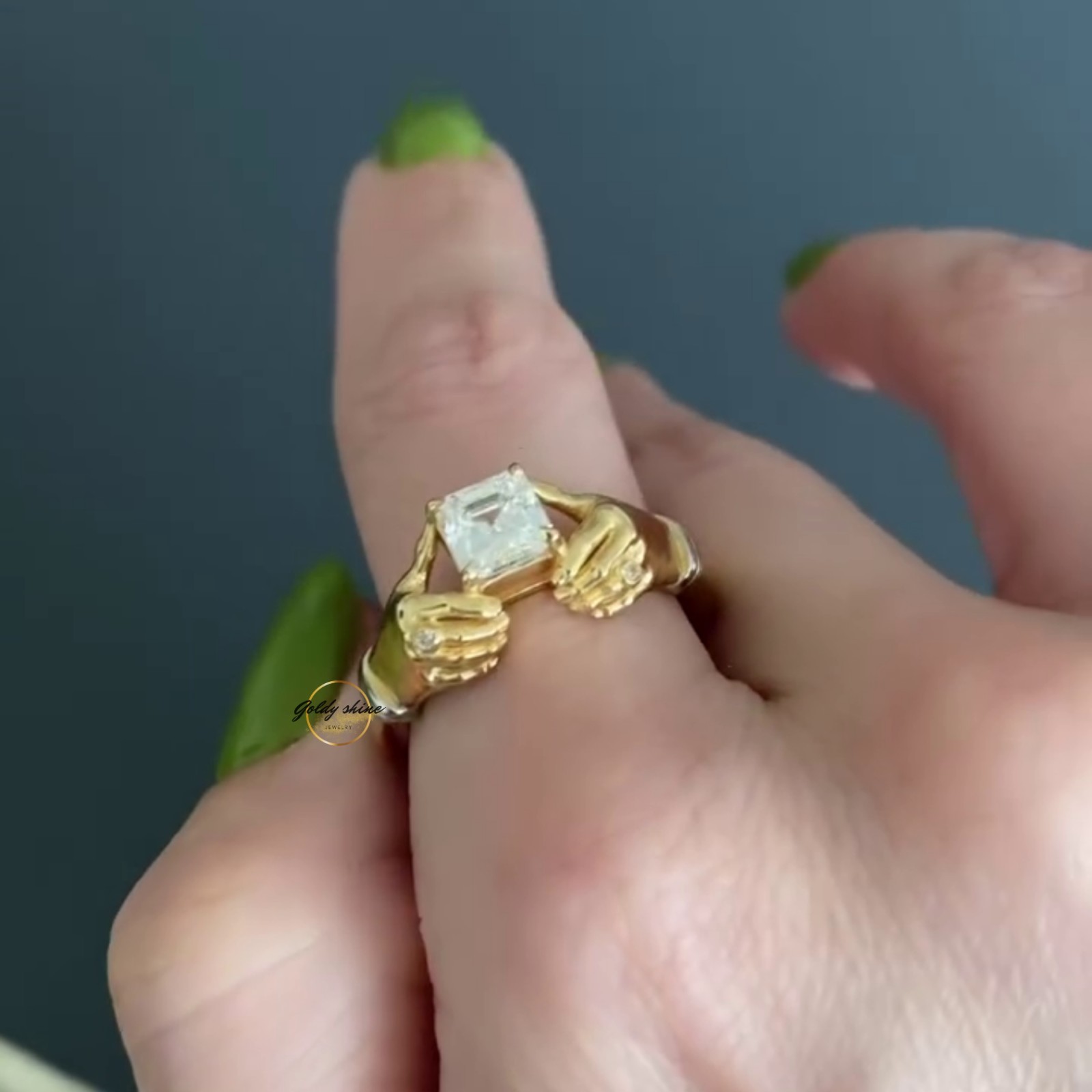 1 Ct Asscher Cut Moissanite Grasping Hands Artistic Ring 14K Yellow gold plated