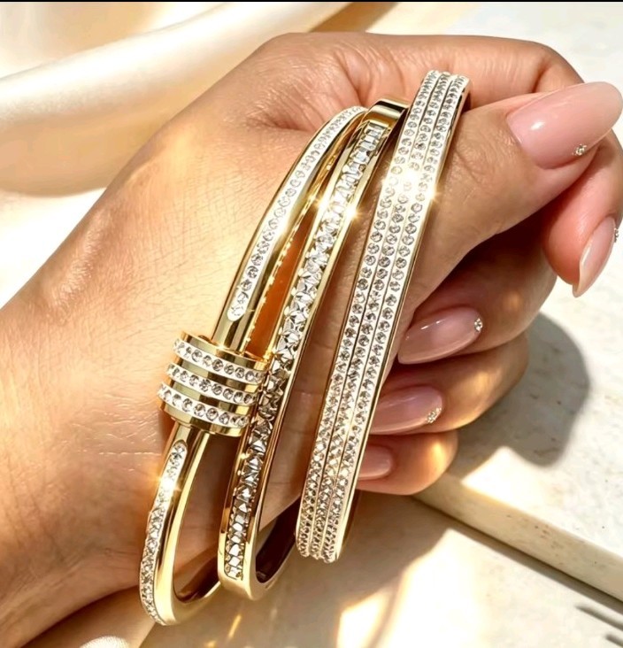 Bracelets Set of 3 Classic Zircon Stainless Steel Inlaid Bangles Evening NEW