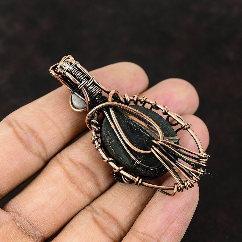 Handmade Evil Eye Copper Wire Wrapped Pendant, Abalone Shell & Moonstone