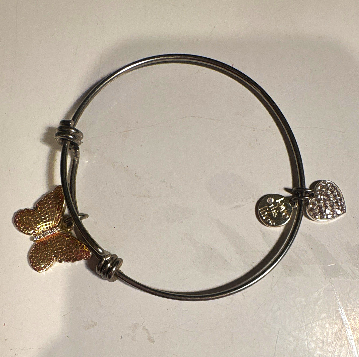 ALEX AND ANI Silver Tone Metal BangleCharmBraceletHeart & ButterflyDanglesNWOT
