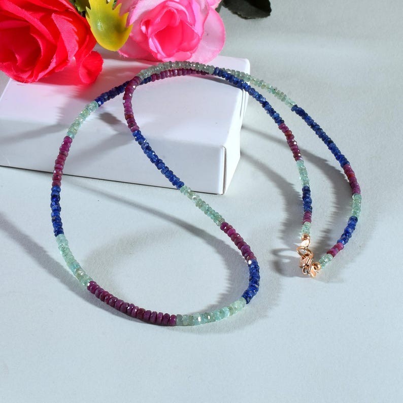 AA+ Ruby Emerald And Sapphire Gemstone Beads Necklace In 925Silver Woman Jewelry