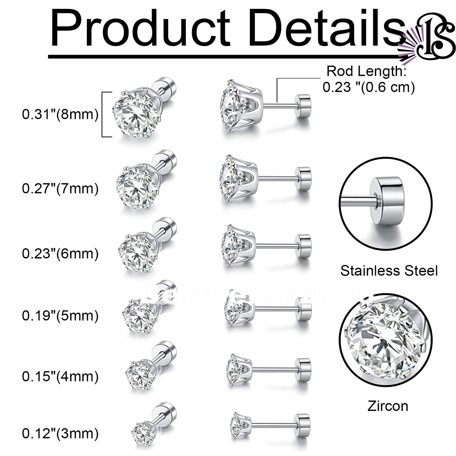 6 Pairs Stainless Steel Round Cubic Zirconia Stud Earrings Set for Men Women