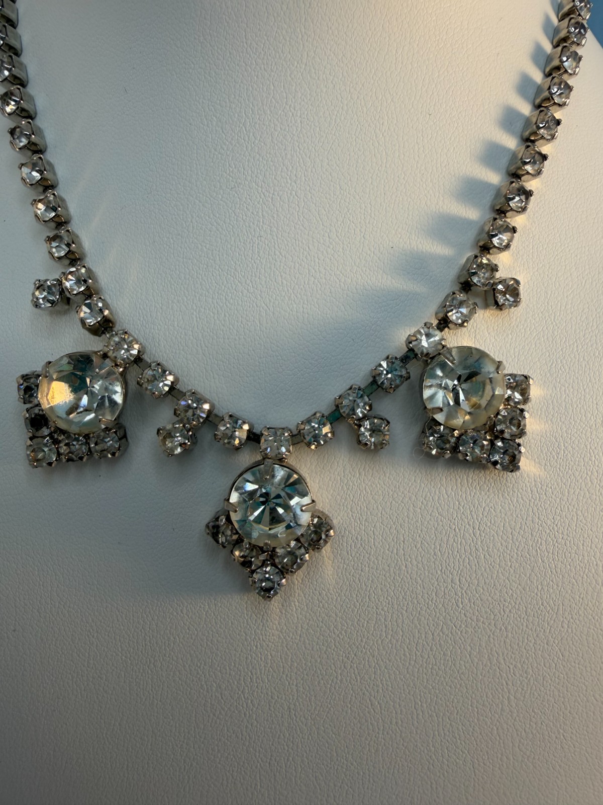 Vintage 50s Rhinestone Statement Choker Necklace Mid-Century Rhodium Plated Prom