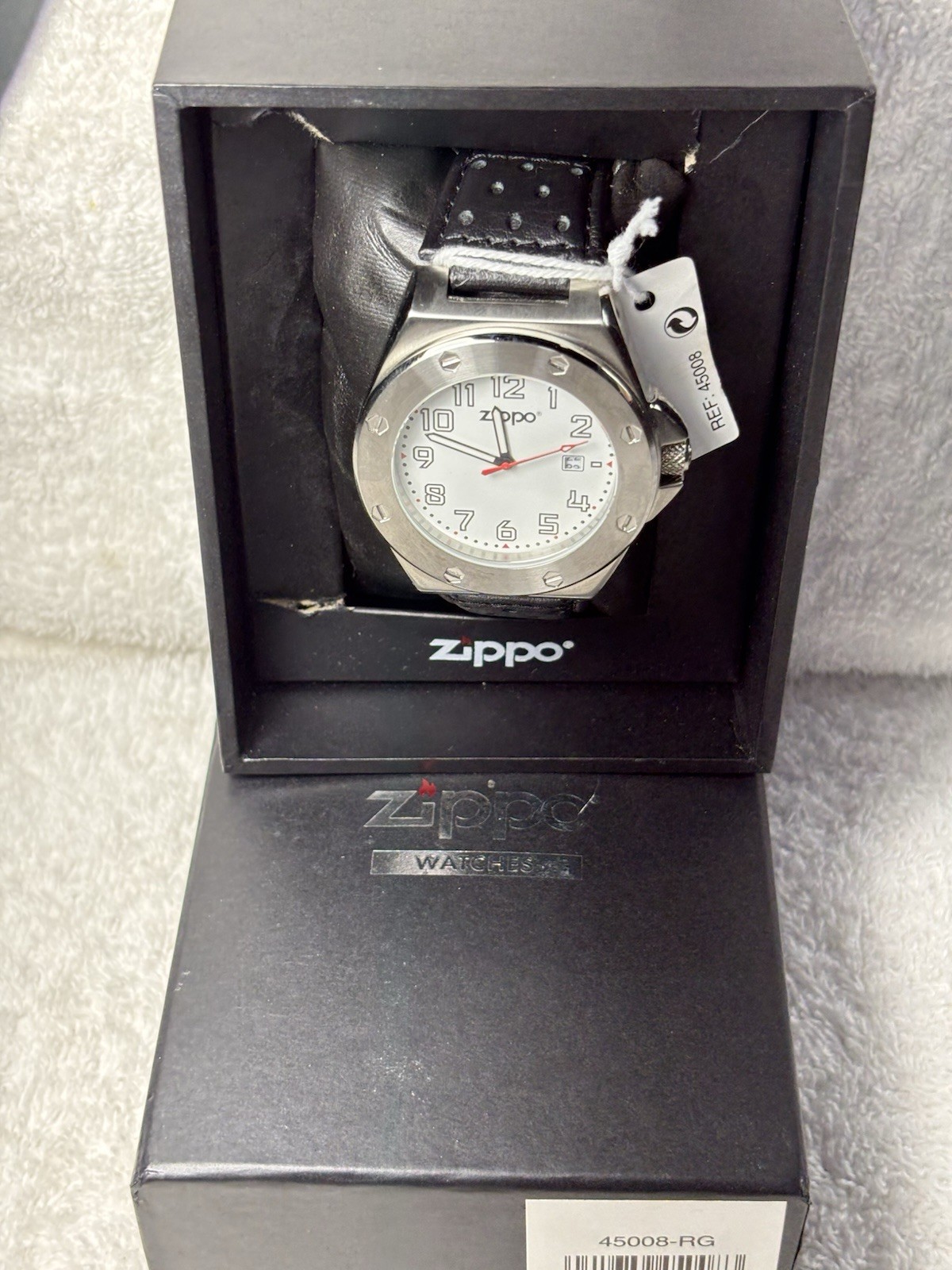 VTG-NOS Zippo 45008RG Black Leather Strap Quartz Movement White Dial Watch-OOP