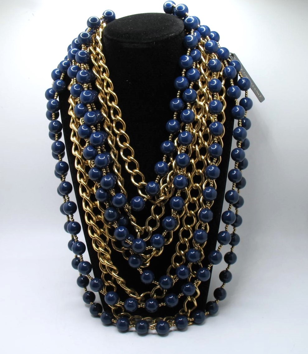 Vintage RJ Graziano 10-strand runway statement bib necklace Navy and goldtone