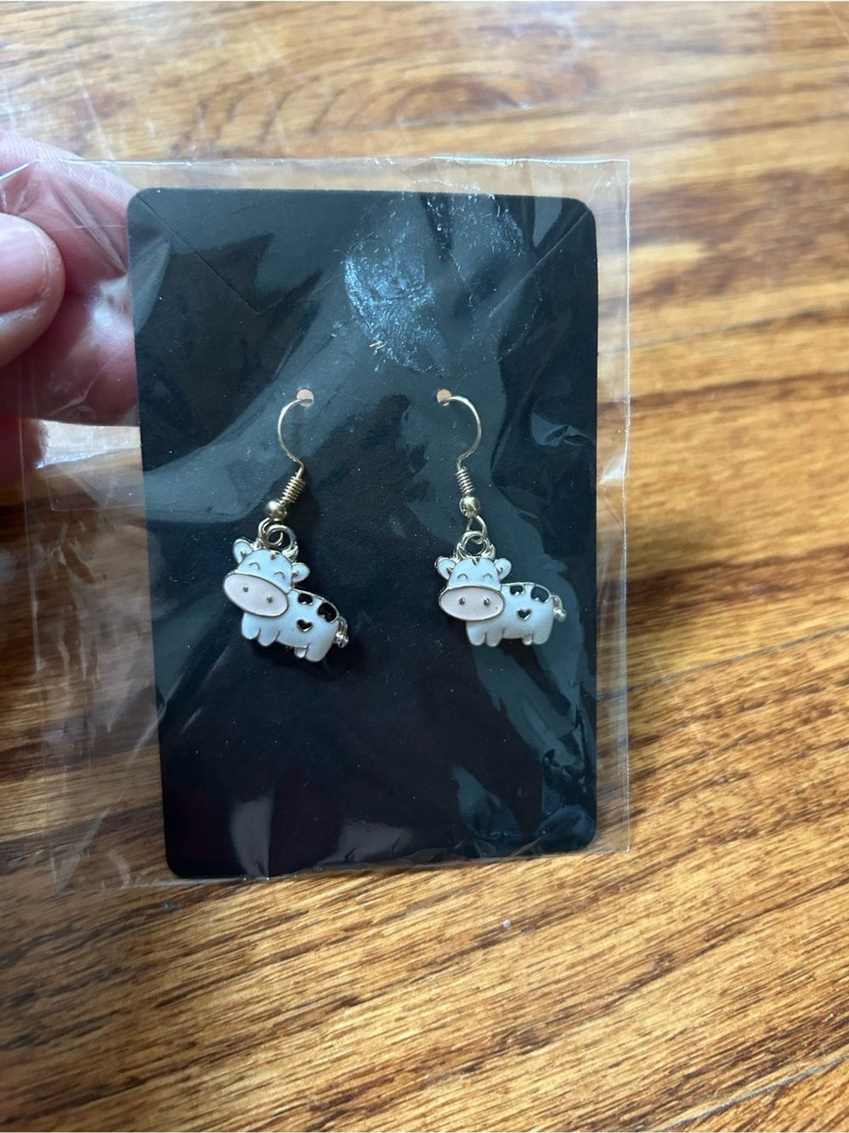 Cute White Cow Enamel Dangle Earrings | Gold Tone Hooks | Farm Animal Jewelry |