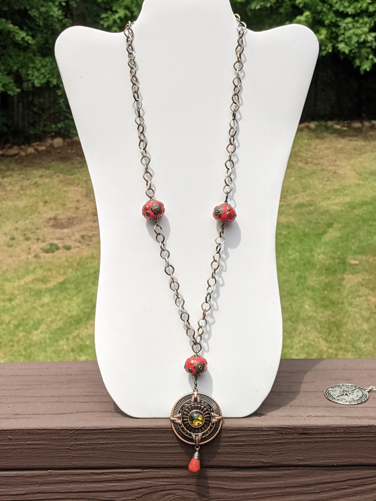 Copper Medallion on a Long Tri-colored Chain Necklace